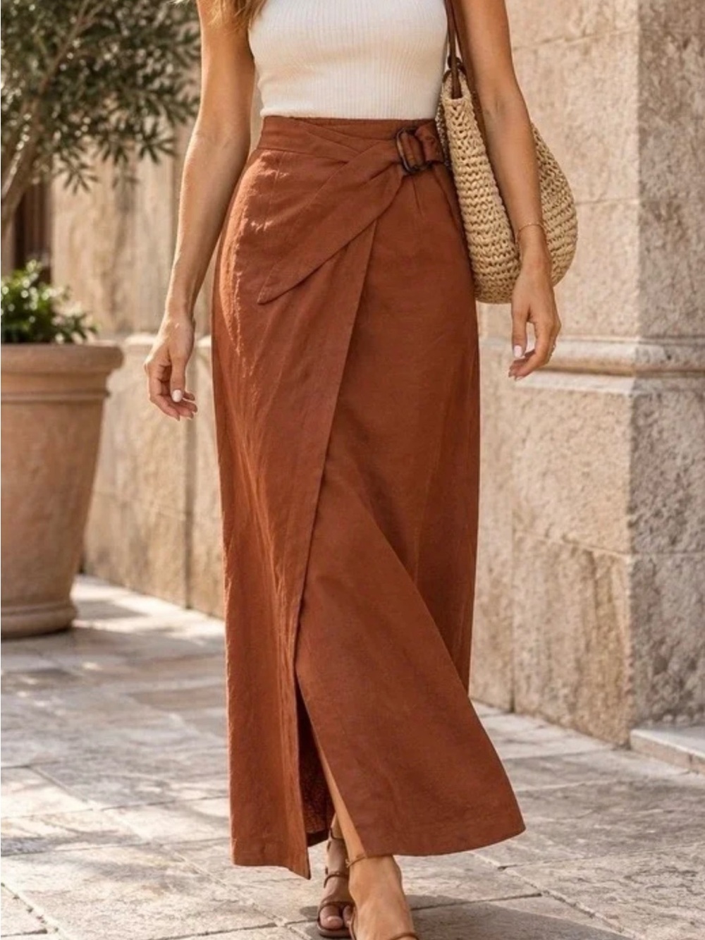 Mango Rust-Brown Midi Skirt with Ring Belt - Picture 2 of 5